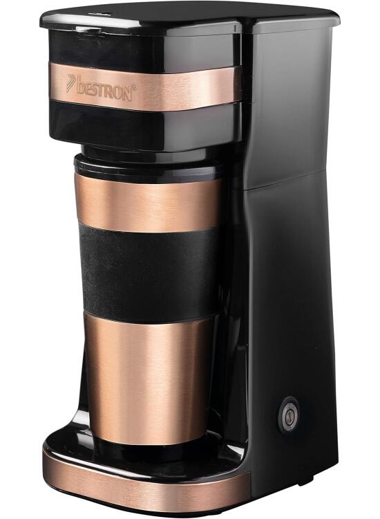 Bestron Cafetera, Cafetera goteo con taza aislada, para café de filtro molido, 2 tazas grandes, 750 vatios, acero inoxidable, 0,42 litros, color: cobre