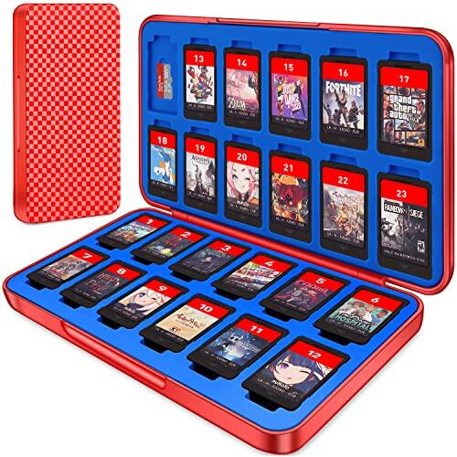 Switch - Funda para juegos con 24 ranuras para cartuchos y 24 tarjetas micro SD, organizador de juegos portátil delgado con cierre magnético, carcasa rígida protectora y forro suave
