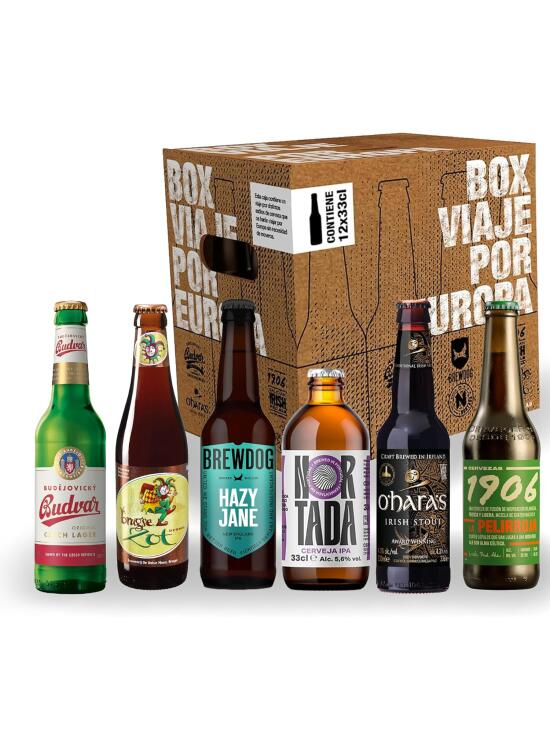 1906 Box Viaje por Europa - Pack de Degustación de Cervezas Europeas,12 x 33 cl,Incluye: Irish Stout,Belgian Blond Ale,IPA,Session IPA,Czeck Lager y 1906 Galician Irish Red