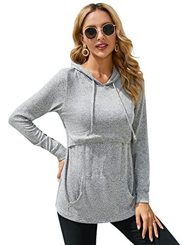 Sosolism Sudaderas con capucha para lactancia Tops de invierno para amamantar con cremallera completa Manga larga Camisas de maternidad para mujeres Sudaderas para el embarazo, gris claro, M