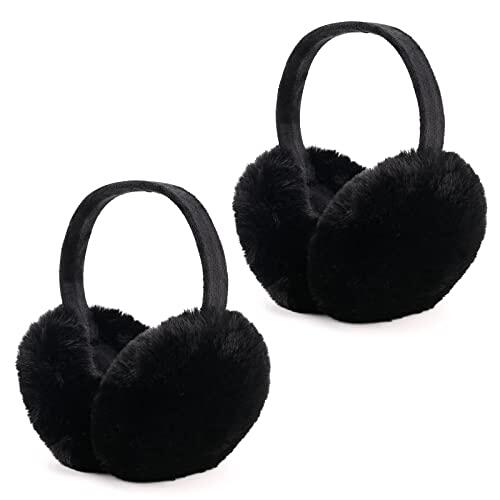 Jodsen 2 Piezas Orejeras Invierno, Ojeras Plegables Prueba Viento Felpa, Accesorio Invierno Unisex Protector Oídos Suave y Cálido para Mujeres, Hombres, Niñas, Niños (Negro & Negro)