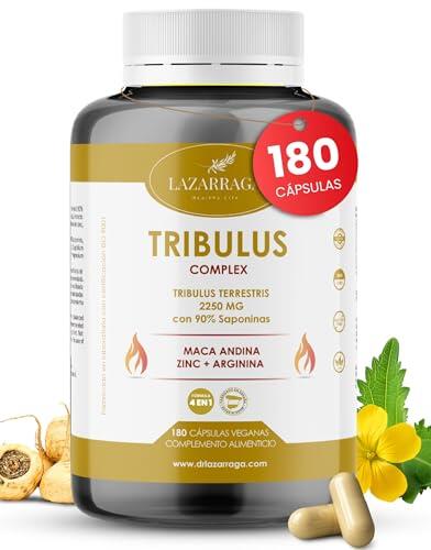 TRIBULUS TERRESTRIS POTENTE 4 EN 1 con Maca Andina + Arginina + Zinc | Vitaminas para el Cansancio para Hombres | Fuerza y Energía | 90% Saponinas | 180 Cápsulas Veganas | 2 Meses | Lazarraga
