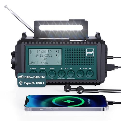 Radio de Manivela Dab+/ Dab/FM con Batería Recargable de 5000 mAh, Emergencia con Linterna, Portátil para Acampar con Función de Carga USB, Dinamo con Alarma SOS,para Senderismo