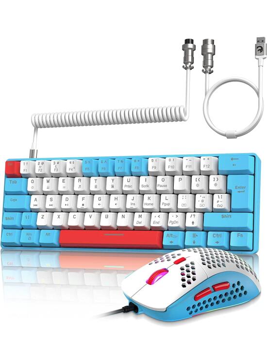 ZIYOU LANG T60 Teclado y Ratón para Juegos con Cable USB C en Espiral, UK Layout (QWERTY) Compact 60% Iluminado Teclado Mecánico Linear Rojo Switch-6400dpi RGB Mouse para PC Mac - Azul