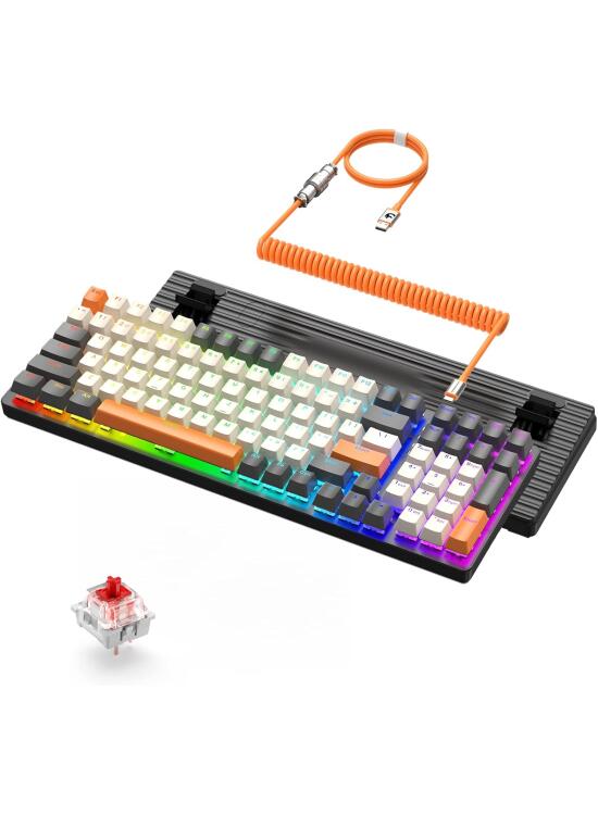ZIYOU LANG K3 Pro Teclado mecánico para Juegos Teclado con Cable con iluminación Negra RGB Interruptor Rojo 100 Teclas, Cable USB en Espiral Tipo C a USB-A Conector de aviación de Metal Desmontable