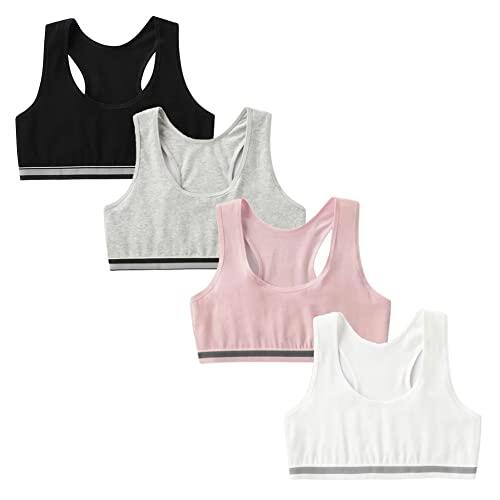 FedMois Sujetador de Niña Algodón Top Básico sin Almohadillas, Pack de 4, Gris, Blanco, Negro y Rosa, 10-12 años