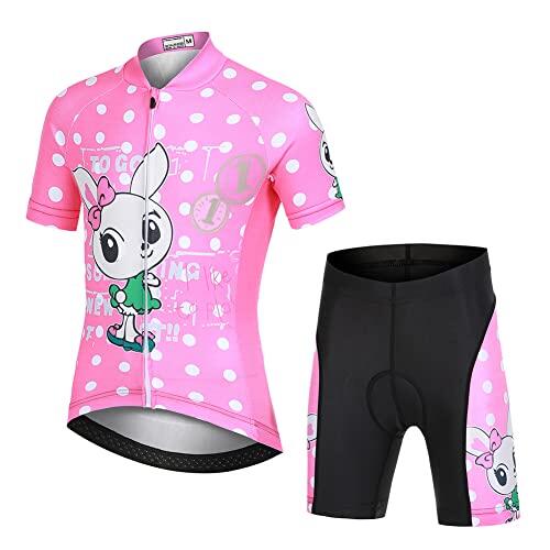 Amur Leopard Traje Maillot Ciclismo Niño Conjunto Ciclismo Camiseta Manga Corta y Shorts de Dibujos Animados Respirable de Secado Rápido, Conejo Rosa, XL/10-11 Años