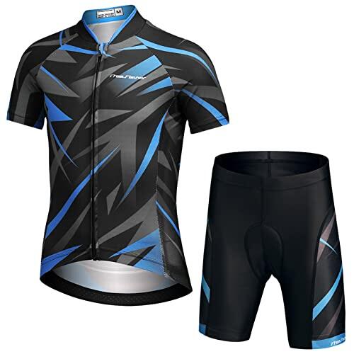 Amur Leopard Jersey Maillot de Ciclismo Camiseta de Bicicleta de Manga Corta + Pantalones Cortos Traje Ciclismo para Niños Niñas, Negro + Azul, XL/10-11 Años