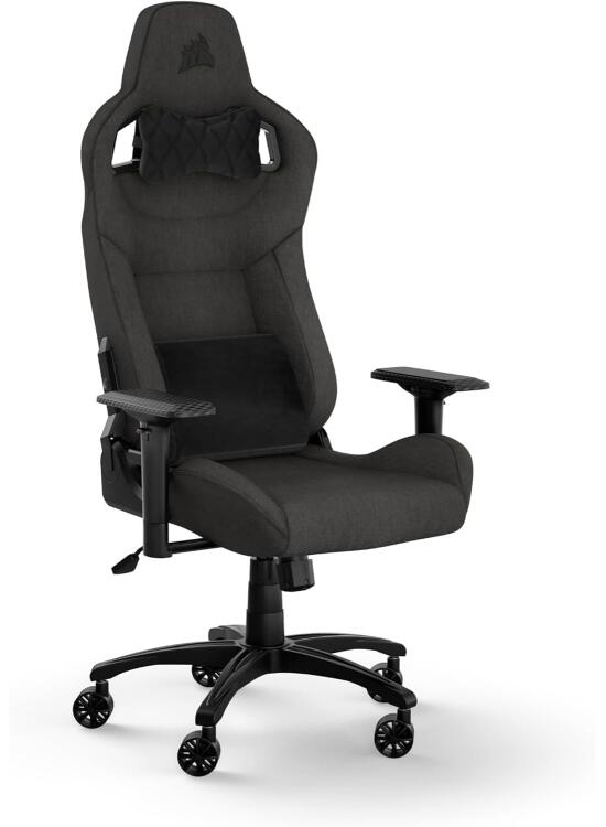 Corsair T3 RUSH Fabric Silla para juegos (2023) – Diseño Inspirado en Las Carreras – Exterior de Tela Suave – Almohada Cervical Acolchada y Soporte Lumbar de Espuma Viscoelástica – Carbón