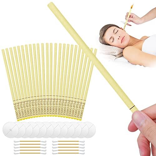 ACWOO Velas para Los Oídos, 24PCS Limpiador de Oidos Cera para Oidos Limpieza y eliminar el cerumen, velas cónicas para relajación y limpieza, Velas para oídos conos con 12 discos protectores, Beige