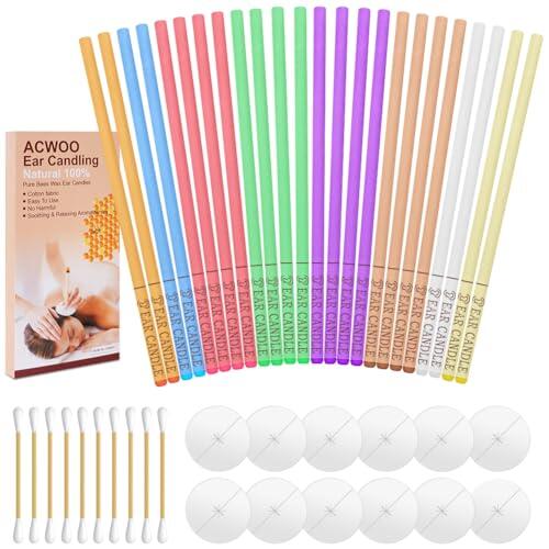 ACWOO Velas para Los Oídos, 24PCS Limpiador de Oidos Cera para Oidos Limpieza, Velas Cónicas para Relajación y Limpieza, Velas para Oídos Conos con 12 Discos Protectores (8 Colores)