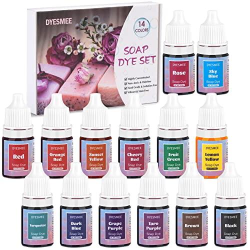 DYESMEE Tintes de Jabón 14 Colores, Colorantes de Jabón Seguros para la Piel para Hacer Jabón, Colorantes de Jabón Líquido para Bombas de Baño/Sales, Jabones Hechos a Mano, Limo, Arcilla, Manualidades
