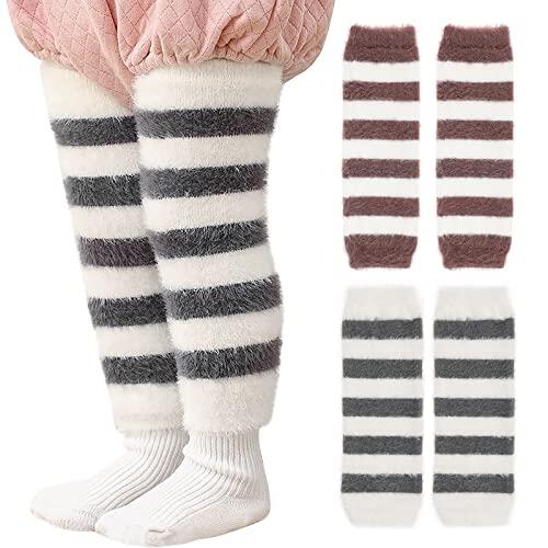 Paquete de 4 Calentadores de Piernas para Bebés Pequeños, Lindos Calentadores de Piernas Largos con Rayas , Protector de Rodilla para Bebés, Niños Pequeños, Niñas, Niños de 0 a 5 Años(Café + Gris)