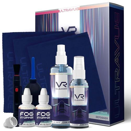 UltraVue Kit de limpieza VR y tratamiento antivaho – Incluye aerosoles de gel limpiador de realidad virtual, paños de microfibra, tratamientos anti gotas antiniebla, cepillo y vejiga de aire con