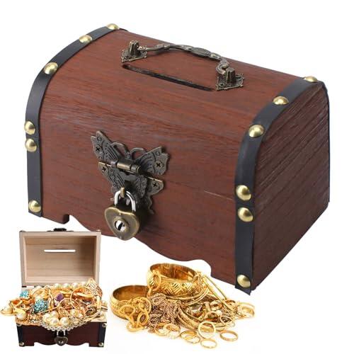 Cofre del Tesoro de Madera Vintage - Caja Pequeña para Joyería Con Candado - Ideal para Búsqueda del Tesoro para Niños - 14.5*10.5*10.3cm
