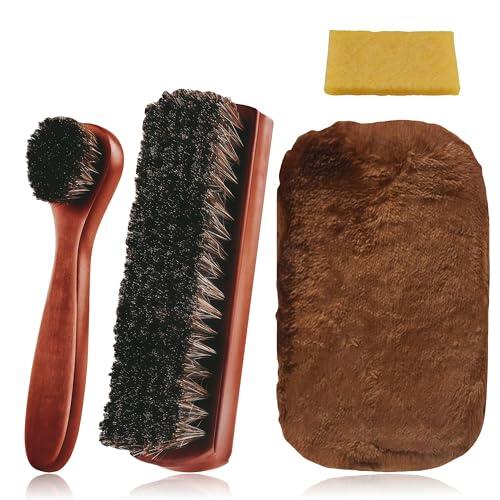 Flintronic Juego de 4 Cepillos para Zapatos, Cepillos Lustradores de Crin de Caballo y de Cabra, con Guante de Pulido y Borrador, Cerdas de Pelo Natural para Pulir Zapatos, Limpieza de Cuero, Muebles