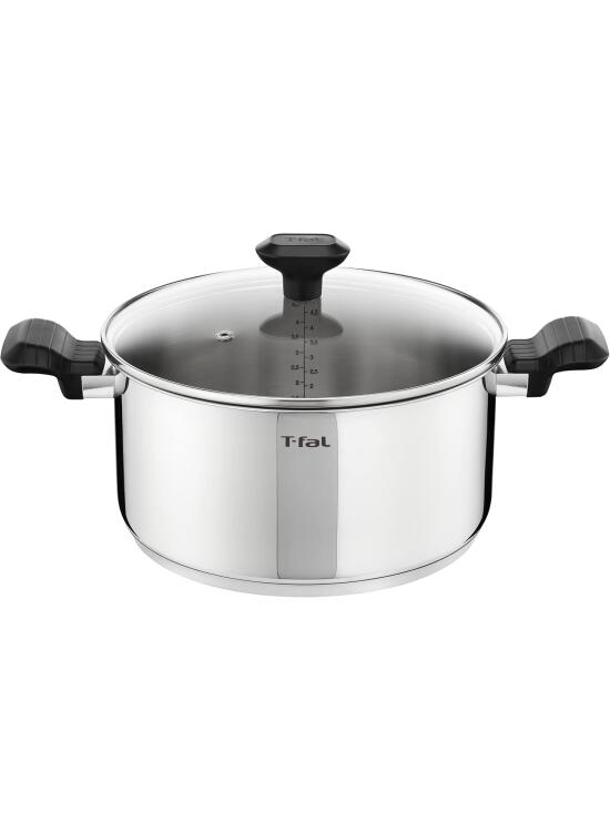 Tefal Comfort Max C9734604 - Cacerola duradera de acero inoxidable de 24 cm con tapa de vidrio, compatible con inducción, asas ergonómicas que se mantienen frías, lavavajillas