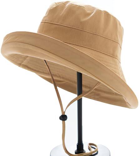 Sombreros de sol para mujer 100% algodón de ala ancha, sombrero tipo bucket para jardinería, protección solar para viajes, plegable, gorra de playa para mujeres - ala plegable, Caqui, 5