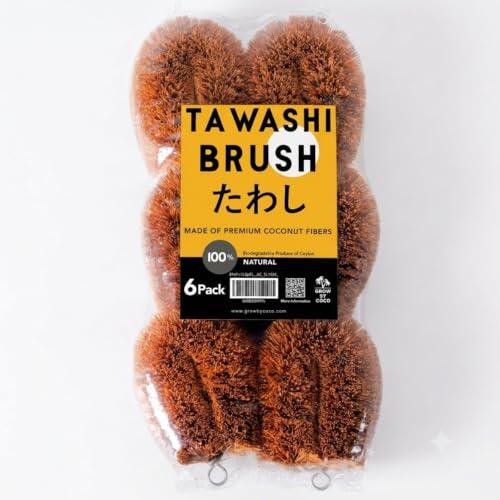 GrowByCoco Paquete de 6 cepillos Tawashi de Fibra de Coco 100% Natural, Ideal para exfoliar Verduras y Frutas, Necesidades de Limpieza de Cocina, diseño japonés Kamenoko