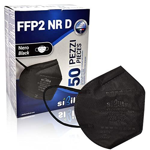 50 Mascarillas FFP2 NR D Negras sibilla || Fabricadas en Italia || Mascarillas de Protección Respiratoria de 5 Capas con Certificación CE 0465 || Alta Filtración para Uso Diario