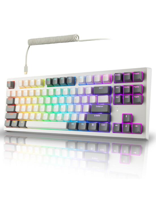 TECWARE Phantom+ Elite - Teclado mecánico RGB de 87 teclas, retroiluminación LED, intercambio en caliente universal, con cable e inalámbrico, conectividad de 3 modos, sonido Thocky, blanco Elite