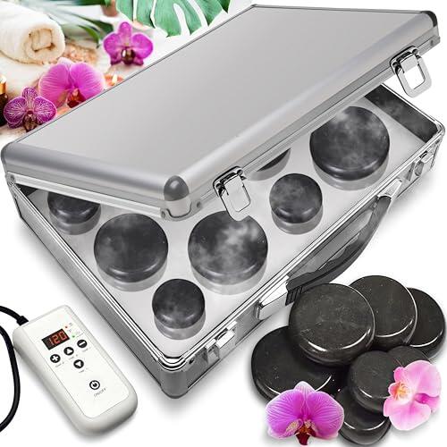 SereneLife Kit Massage Pierres Chaudes Basalte | Set Portable Thérapie Chauffante avec 12 Pierres de Massage, Sac Chauffant et Contrôleur Digital | Relaxation & Soin Musculaire à Domicile