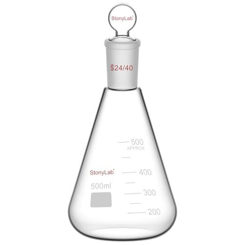 stonylab Matraz Erlenmeyer 24/40 de Vidrio con Tapón, 500 ml Frasco de Pared Gruesa de Vidrio Borosilicato con Junta Exterior Cónica Estándar 24/40 y Tapón de Vidrio