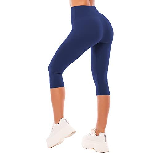 SINOPHANT Leggins Cortos Mujer Cintura Alta 3/4 Pantalones Deportivos Capri Mallas Deporte 1 Azul Marino S-M