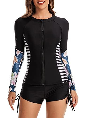 Traje de Baño de Dos Piezas para Mujer Manga Larga Protección UV Rashguard Camiseta de Natación Atlética con Shorts de Baño Estampado Flores Tankini Set Deportivo Trajes de Surf