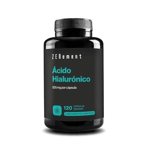 Ácido Hialurónico Cápsulas, 525 mg, 4 Meses de Suministro (120 Cápsulas) | Puro, 500-700 KDa | Altamente Concentrado | Vegano, No-GMO, Sin Gluten, GMP | Zenement