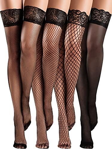 Bencailor 4 Pares Medias de Red Muslo de Encaje Silicona sobre Rodilla Transparentes Sedosas(Negro,L)