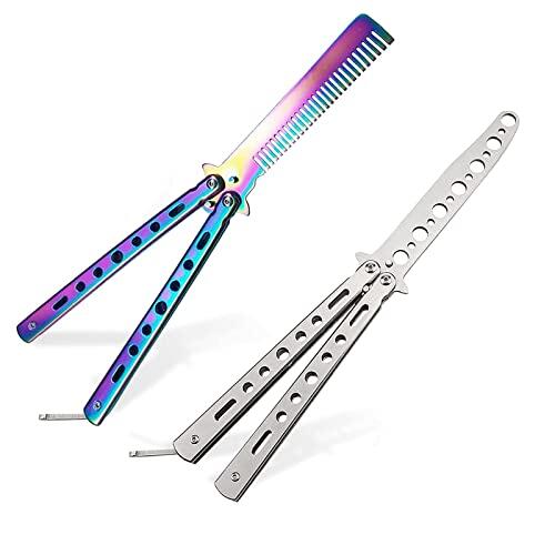 Dfuqanb 2 Piezas Peine de Metal de Entrenamiento, Navaja mariposa, Entrenador de Mariposas, Peine de Mariposa de Acero, Cuchillo de Entrenamiento Balison, practica trucos de volteo para principiantes