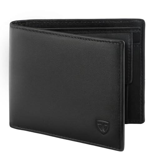 WONSEFOO Carteras Hombre, Billetera Bifold Delgada con RFID, 10 Ranuras para Tarjetas (Incluye ID), Ranuras para Billetes, Bolsillo para Monedas, Caja de Regalo (Negro)