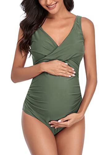 SUMMERSUNSHINE Traje de baño de maternidad de una pieza con cruz frontal para embarazo, traje de baño de maternidad, Verde militar, XL