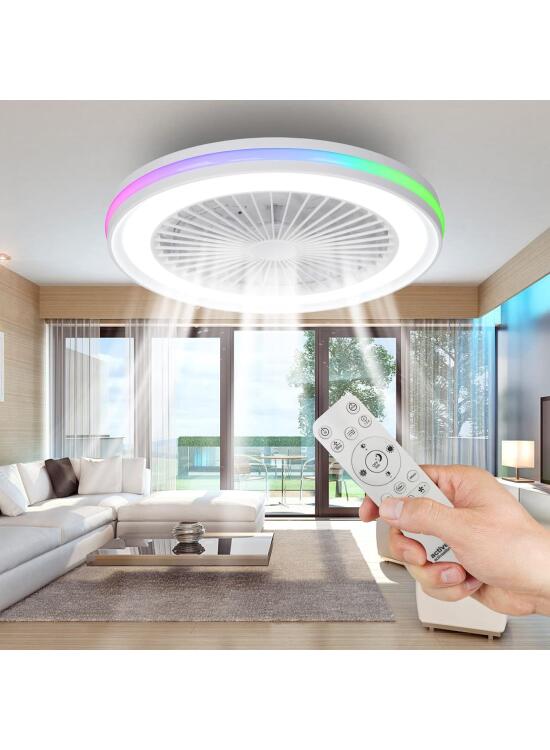 Ventilador de Techo con luz，Motor DC 20W LED 40W, RGB 3000K-6500K ，Velocidad del Viento ajustable con Control Remoto, Adecuado Para 10㎡-13㎡ Cocina, Sala de estar, Dormitorio，Ø47CM
