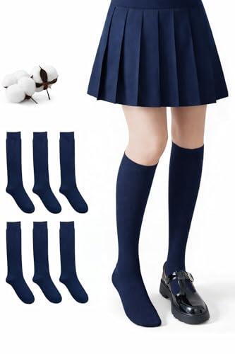CYS Calcetines 6 Pares De Colegio Escolares Medias Largos Altos Algodón Hasta la rodilla Lisos Para Niñas Niños Infantiles unisex (TALLA 35-38, AZUL MARINO)