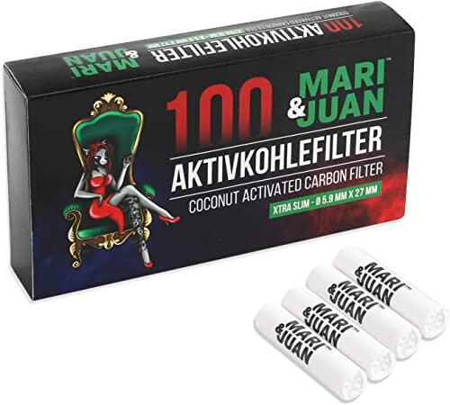 Mari & Juan 100 filtros de carbón activado SLIM Size I Filtros finos de 5,9 mm con carbón ecológico activado a base de coco, 100 unidades, blanco I Fumar contamina menos