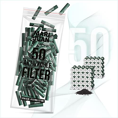 Mari & Juan 50 Filtros de Carbón Activado Premium SLIM I Filtros finos de 5,9 mm con carbón activado a base de coco, 50 piezas en color verde I Menor sensación de humo contaminante