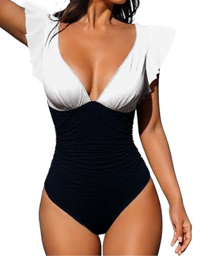 Traje de Baño de Una Pieza para Mujer con Cuello en V y Volantes Bañadores Volantes Fruncido Reductores Barriga Monokini Verano Playa Bañador Entero(Blanco y Negro,M)