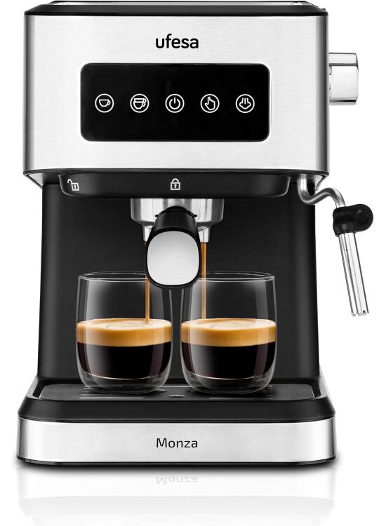 Ufesa Monza Cafetera Espresso y Capuccino de 20 Bares, Panel Táctil Digital, Vaporizador Orientable, Café Molido o Monodosis ESE, Función Calienta Tazas, 1050W, Depósito 1.5L