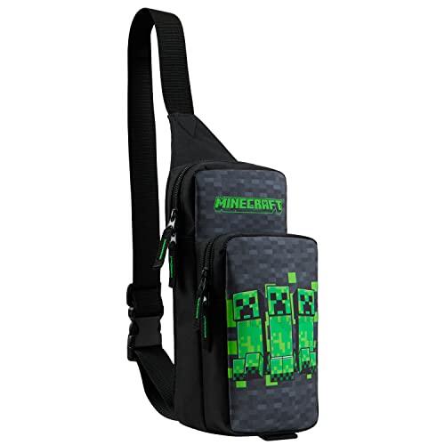 Minecraft Bolso Bandolera Niño con Correa Ajustable Riñonera Adolescente Chico para Viaje Teléfono Dinero (Negro/Verde)
