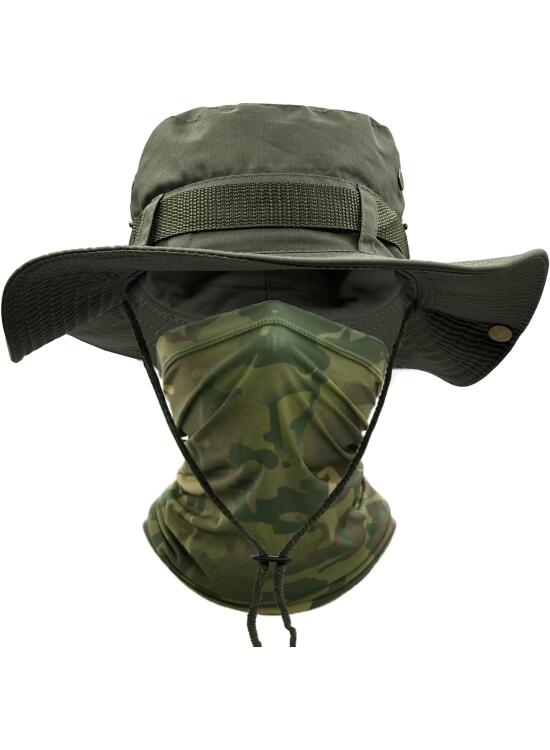 ehsbuy Sombrero Hombre Verano con Cuello de Polaina ala Ancha Chambergo Militar Sombrero Camuflaje Pescador de Bufanda Cara Militar Gorro Pescador Malla Sombreros Sol para Caza Senderismo