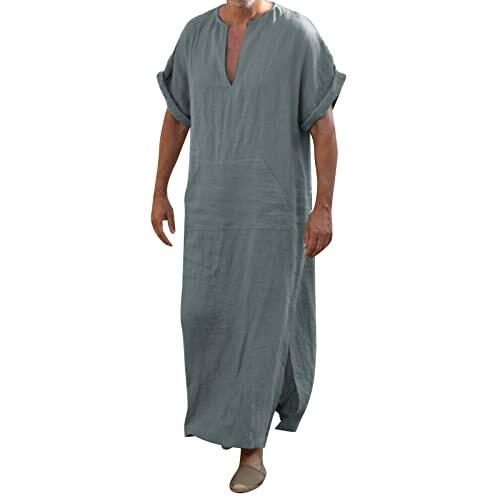 Beokeuioe Pijama de manga corta para hombre, camisón de algodón y lino, cuello en V, camisón con bolsillos, camisa de dormir para hombre, caftán, bata étnica, A3 Dark Grey, M