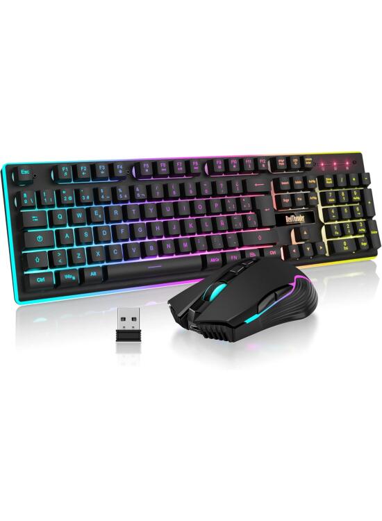 RedThunder K10 Teclado Gaming Sensación Mecánico lnalámbrico,Retroiluminación RGB,Batería Recargable de 3800 mAh, Anti-ghosting+Ratón 7D 3200DPI,Disposición ES,para PC/PS5/Xbox-Negro