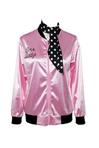 helymore Disfraz de Mujer de los años 50, Chaqueta de satén Rosa Arena con Bufanda para el Cuello Set, Disfraz de Halloween, Talla XL