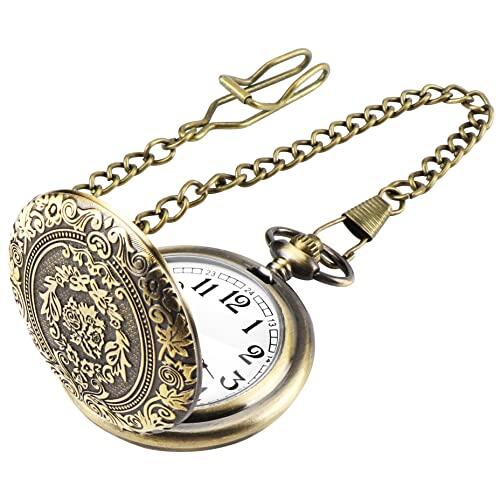 JSMTKJ Reloj de Bolsillo de Cuarzo con Cadena de números árabe clásico y Vintage para Hombres Mujeres Padre Cumpleaños Aniversario Bronce (Bronce)