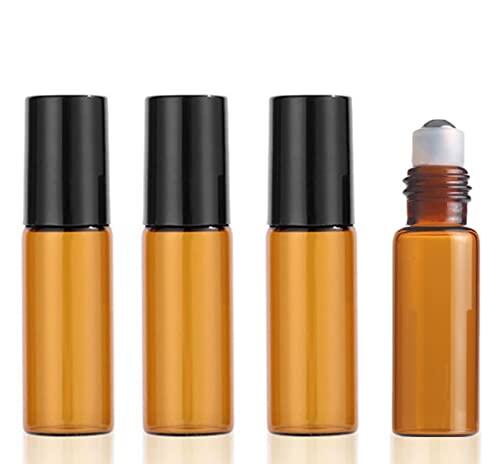 4 piezas 5ml Botellas de vidrio ámbar con bola de metal de acero inoxidable, Botella de aceite esencial Roll-on para aceite esencial, Frasco Perfume Recargable