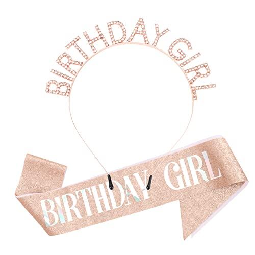 DRESHOW - Tiara de cumpleaños para niña con banda y corona de princesa con diamantes de imitación, accesorios de feliz cumpleaños para mujeres y niñas