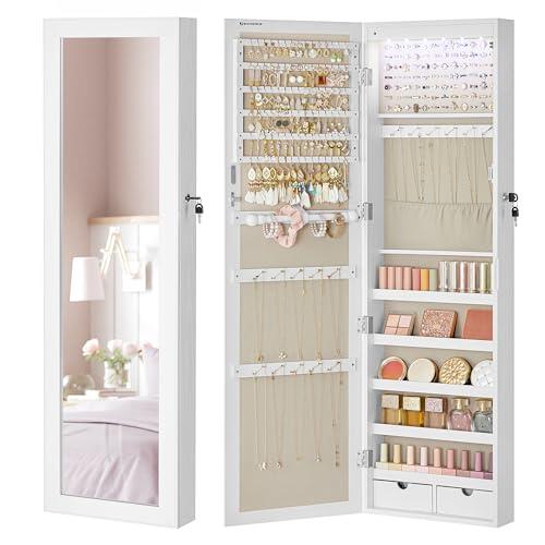 SONGMICS Armario para Joyas, Espejo Joyero de Pared, con Luces LED y Cierre, Organizador de para Pendiente, Collar, Espejo y Varios Compartimentos, Superficie Blanca y Forro Gris JJC093W01