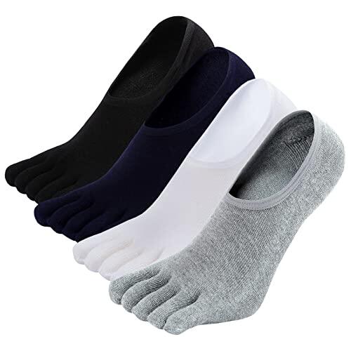 PUTUO Calcetines Invisibles de Dedos Hombre: Calcetines de Cinco Dedos Tobilleros de Algodón de Corte Bajo con Silicona Antideslizante Talla 39-42 4 Pares